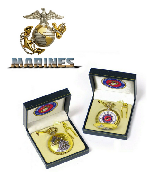 U.S. Marine Corps Pocket Watch with 14 Inch Chain and Gift Box front